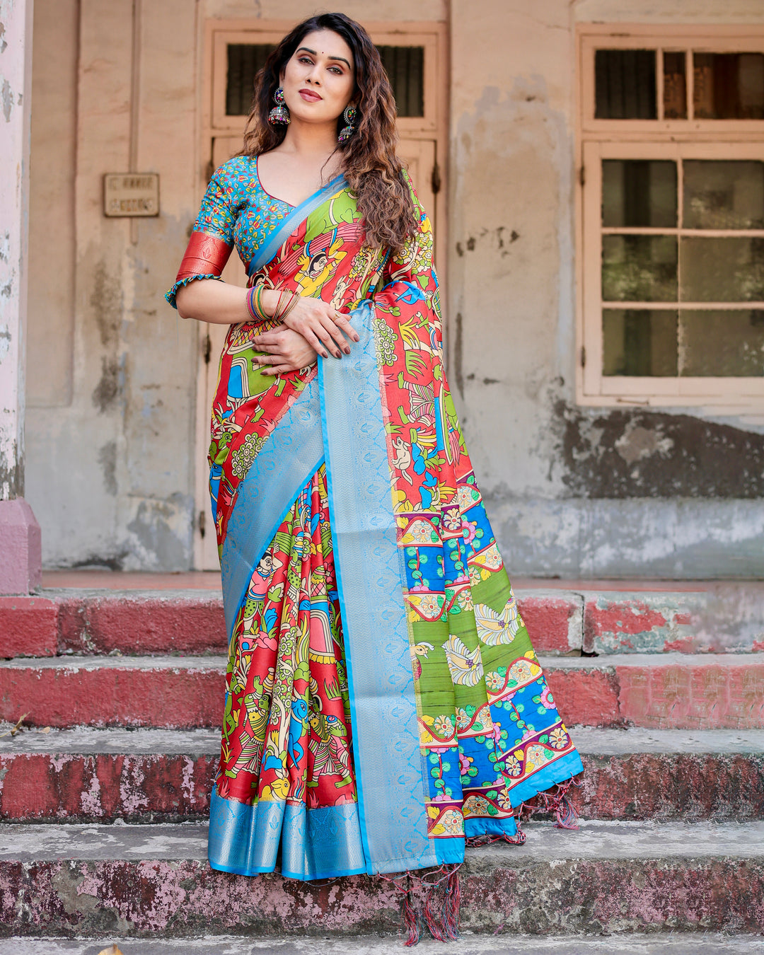 Red Multicolour Tussar Silk Saree with Traditional Folk Art Print, Sky Blue Woven Border, Tassels & Attached Blouse