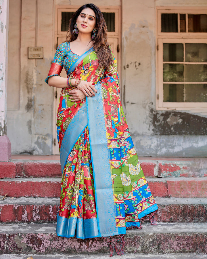 Red Multicolour Tussar Silk Saree with Traditional Folk Art Print, Sky Blue Woven Border, Tassels & Attached Blouse