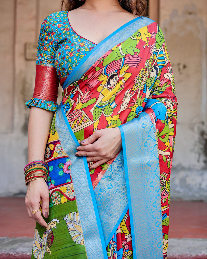 Red Multicolour Tussar Silk Saree with Traditional Folk Art Print, Sky Blue Woven Border, Tassels & Attached Blouse