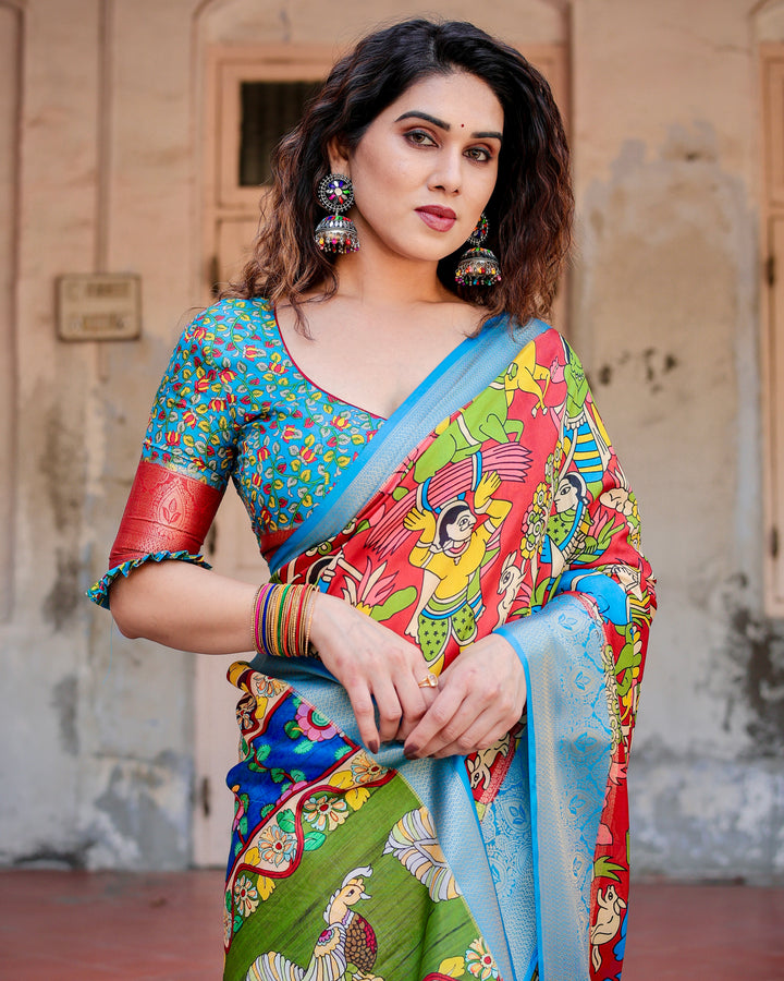 Red Multicolour Tussar Silk Saree with Traditional Folk Art Print, Sky Blue Woven Border, Tassels & Attached Blouse
