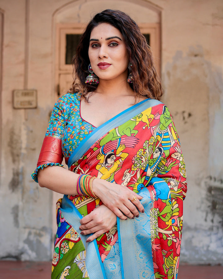 Red Multicolour Tussar Silk Saree with Traditional Folk Art Print, Sky Blue Woven Border, Tassels & Attached Blouse