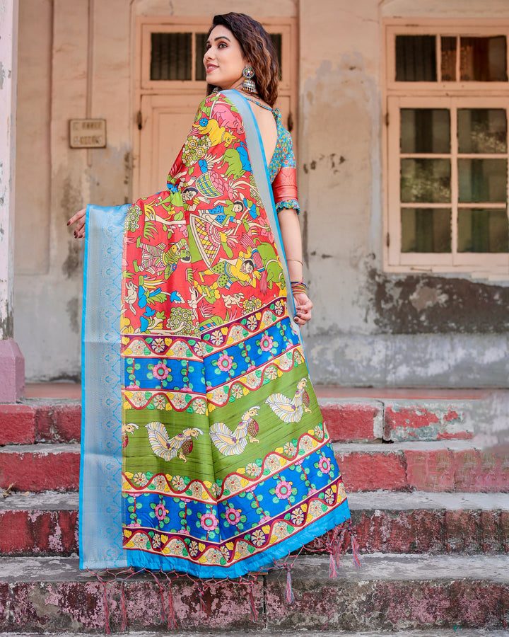 Red Multicolour Tussar Silk Saree with Traditional Folk Art Print, Sky Blue Woven Border, Tassels & Attached Blouse