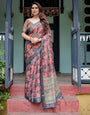 Charcoal Black Pure Cotton Linen Saree with Leafy Paisley Print, Blouse, and Tassel Detailing