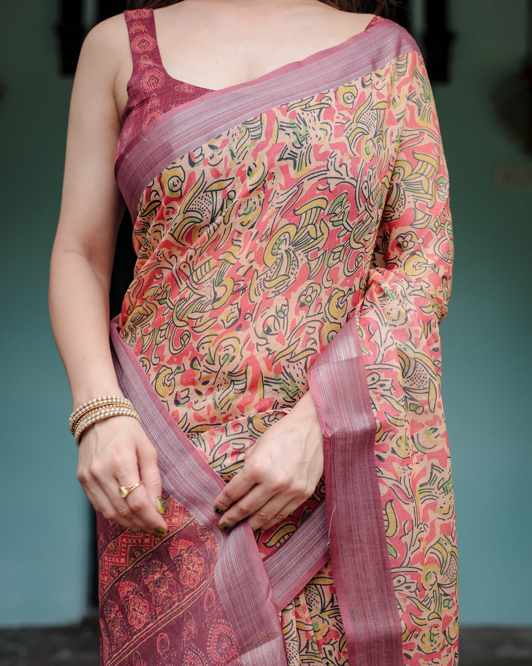 Beige and Rust Pure Cotton Linen Saree with Tribal Block Print Blouse and Tassel Detailing LINEN H 101110