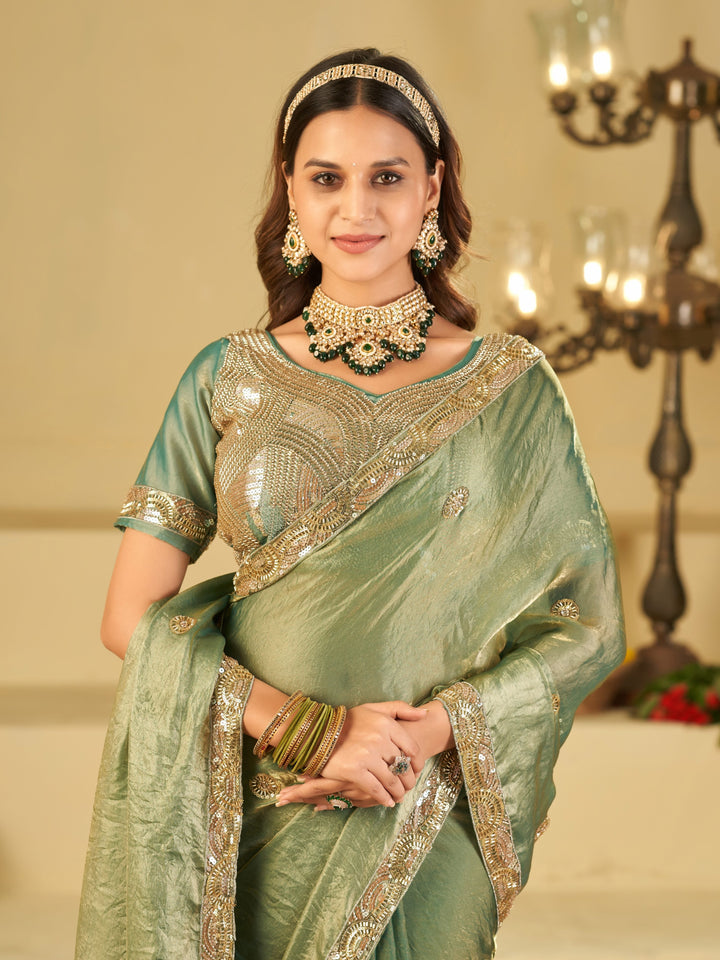 Sage Green Dual Tone Designer Fendy Satin Saree with Heavy Embroidered Blouse & Sequin Border | Premium Wedding Party Wear Saree