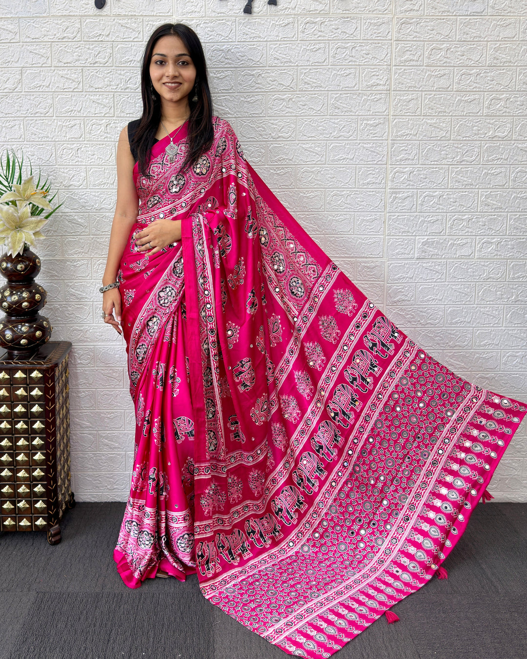 Ajrakh Chinnon Printed Saree with Tassel Detailing & Attached Blouse (No Mirror Work)