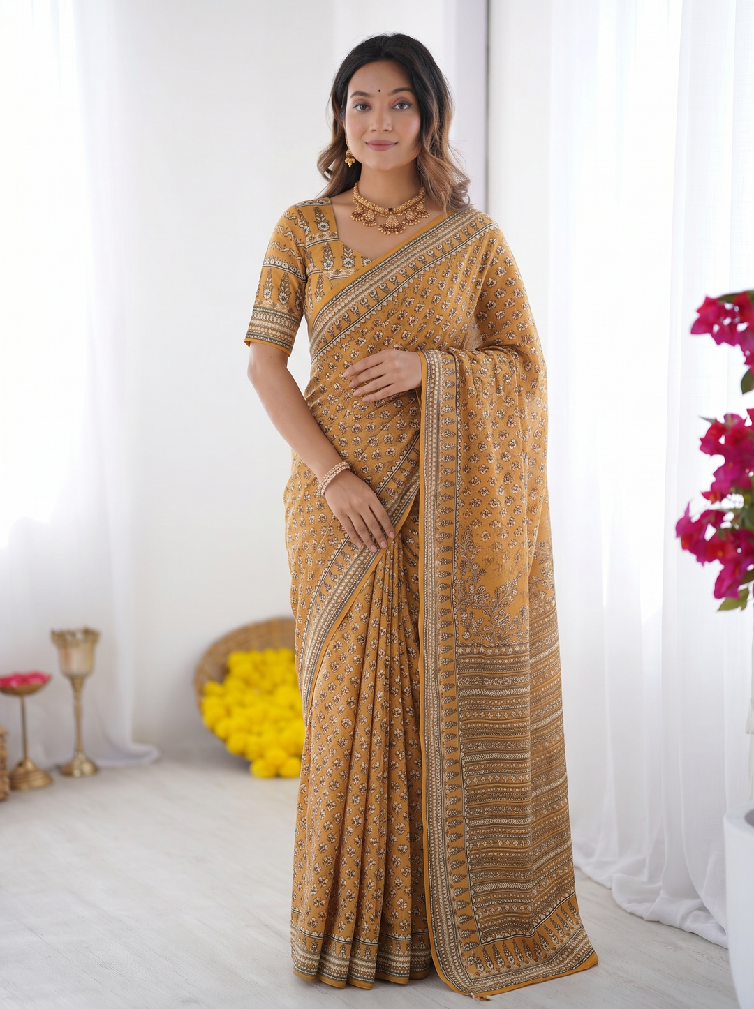 Ajrakh Chinnon Printed Saree with Tassel Detailing & Attached Blouse (No Mirror Work)