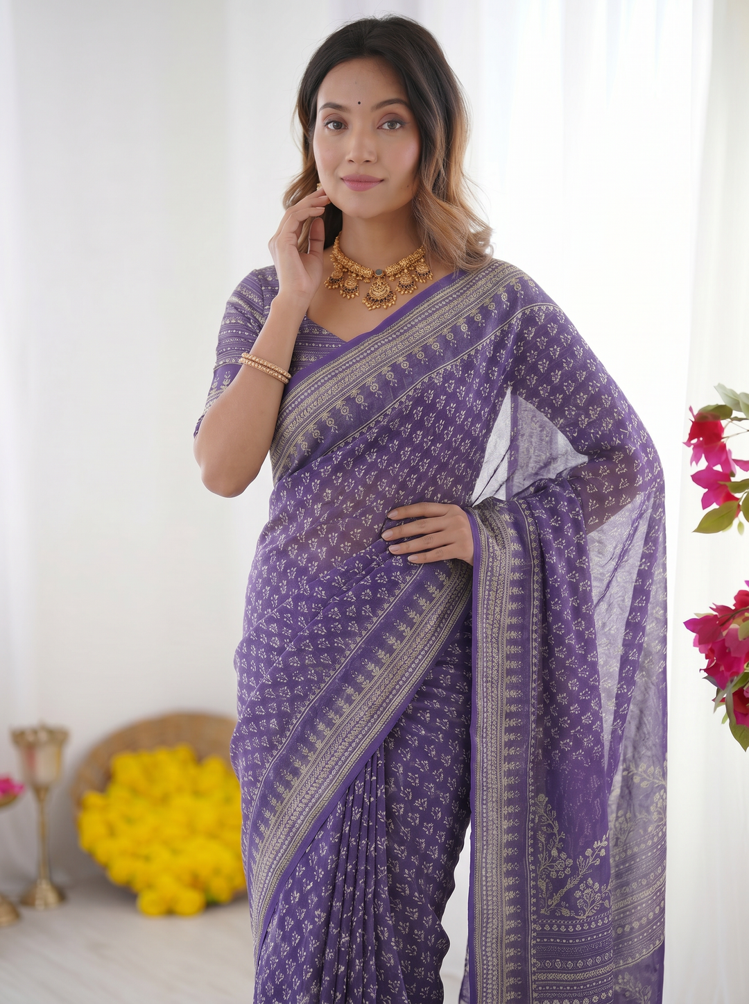 Ajrakh Chinnon Printed Saree with Tassel Detailing & Attached Blouse (No Mirror Work)