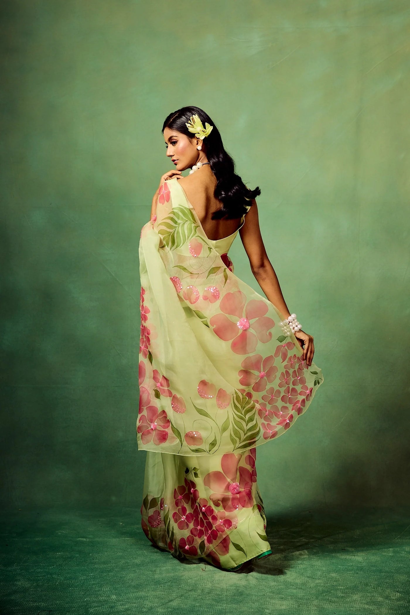 Mint Green Pure Organza Saree with Hand-Painted Pink Floral Motifs & Sequin Detailing | Satin Blouse