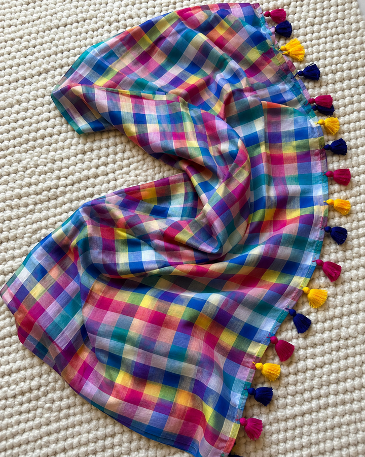 Multicolour Madras Checkered Mul Cotton Saree with Colourful Tassels & Attached Blouse Piece