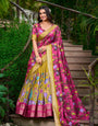 Regal Fuchsia & Golden Mustard Kalamkari Dola Silk Lehenga Set – A Masterpiece of Heritage & Elegance