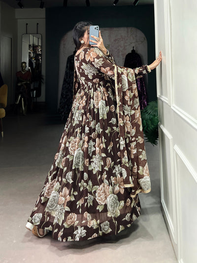 Brown Floral Printed Marble Gown with Lace Detailing & Dupatta