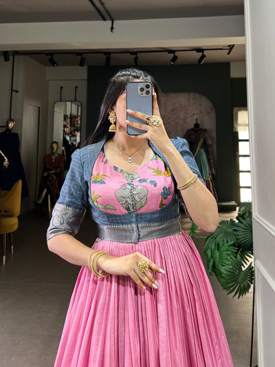 Pink Dola Silk Kalamkari Gown – A Fusion of Heritage & Modern Elegance ✨