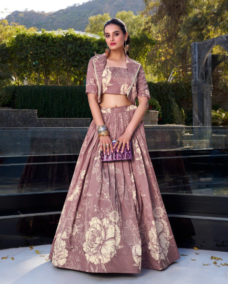 Mauve Tussar Silk Lehenga Set with Floral Print & Koti