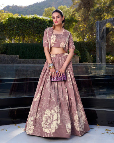 Mauve Tussar Silk Lehenga Set with Floral Print & Koti