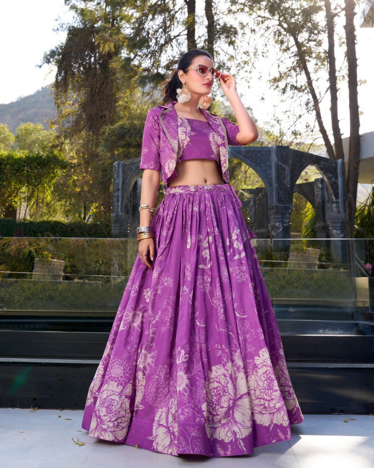Elegant Purple Tussar Silk Floral Lehenga Set with Koti