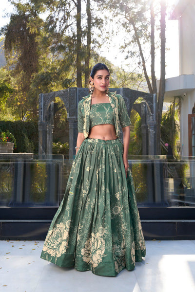 Sage Green Tussar Silk Lehenga Set with Floral Print & Koti