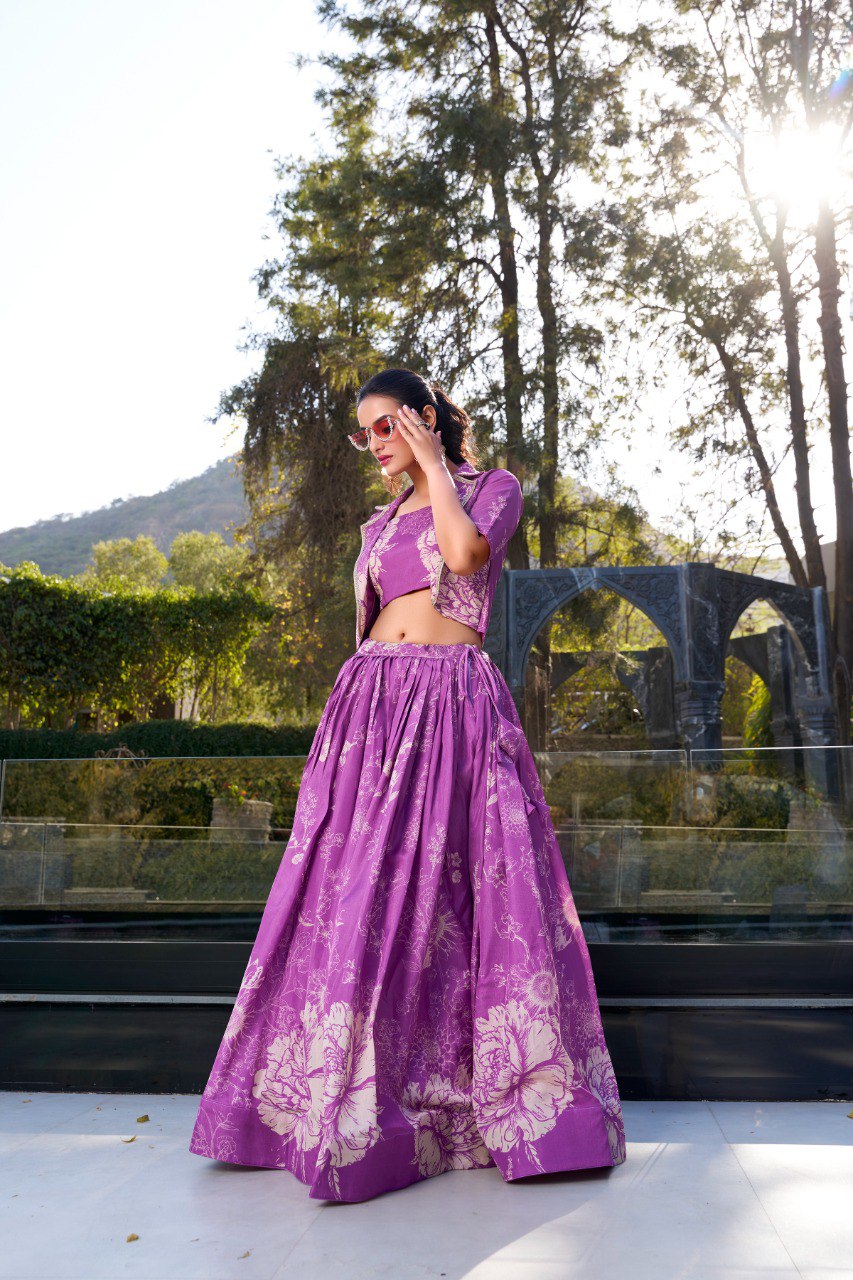 Elegant Purple Tussar Silk Floral Lehenga Set with Koti