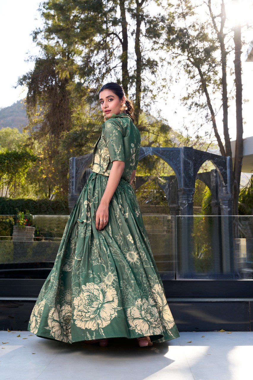 Sage Green Tussar Silk Lehenga Set with Floral Print & Koti