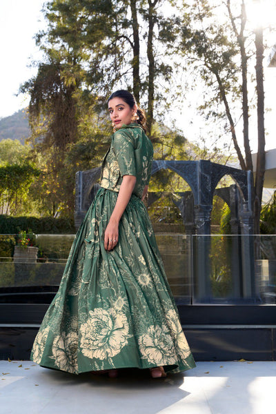 Sage Green Tussar Silk Lehenga Set with Floral Print & Koti