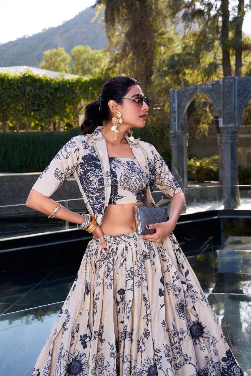 Beige & Black Tussar Silk Lehenga Set with Floral Print & Koti