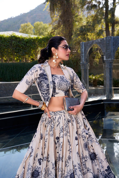 Beige & Black Tussar Silk Lehenga Set with Floral Print & Koti