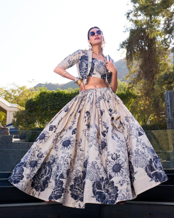 Beige & Black Tussar Silk Lehenga Set with Floral Print & Koti