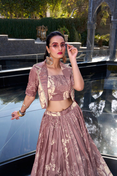 Mauve Tussar Silk Lehenga Set with Floral Print & Koti