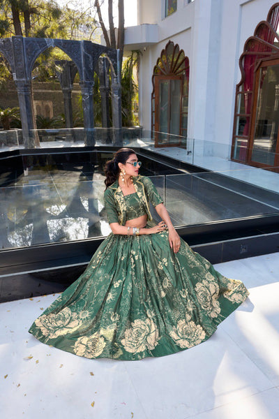 Sage Green Tussar Silk Lehenga Set with Floral Print & Koti