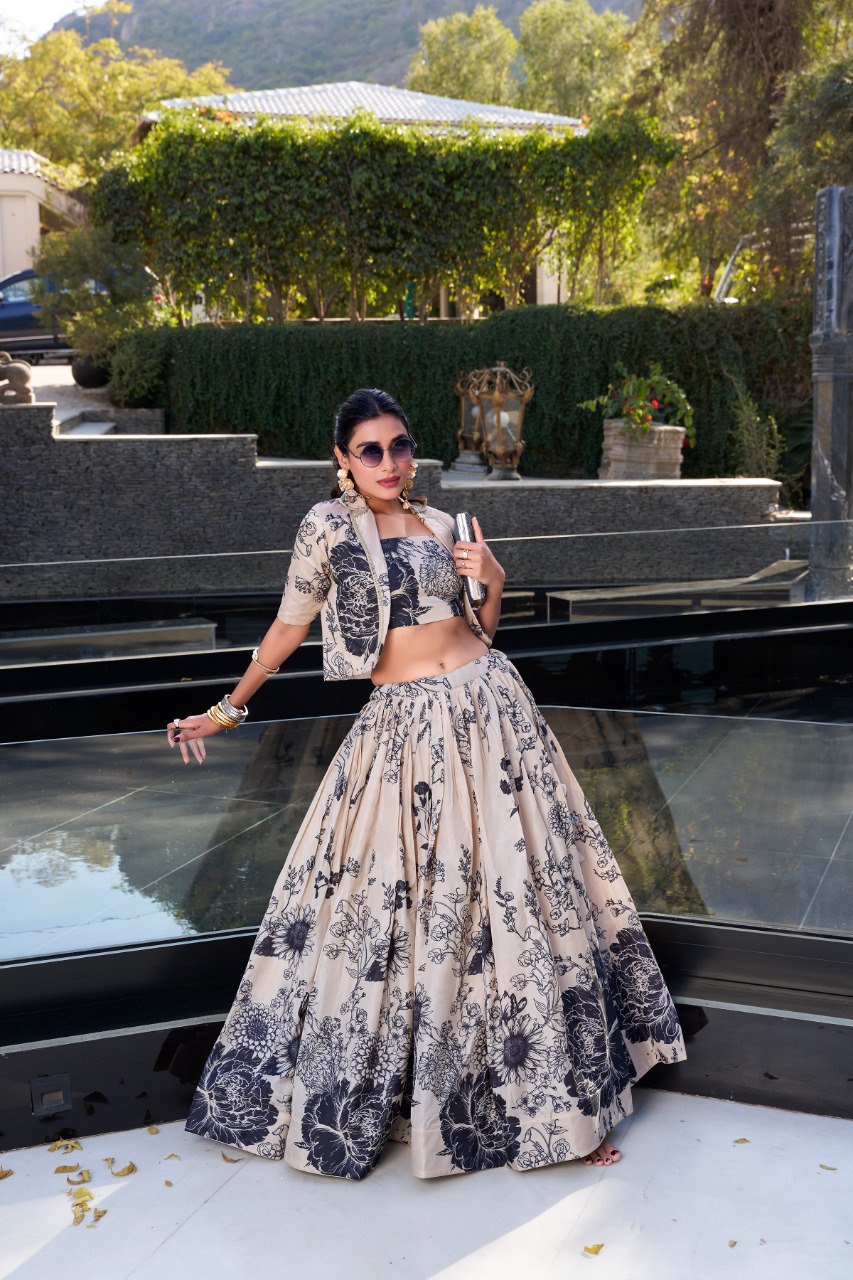 Beige & Black Tussar Silk Lehenga Set with Floral Print & Koti