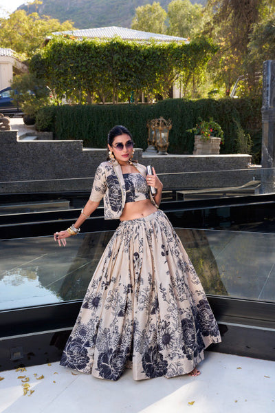 Beige & Black Tussar Silk Lehenga Set with Floral Print & Koti
