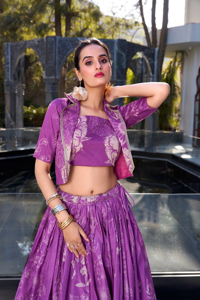 Elegant Purple Tussar Silk Floral Lehenga Set with Koti
