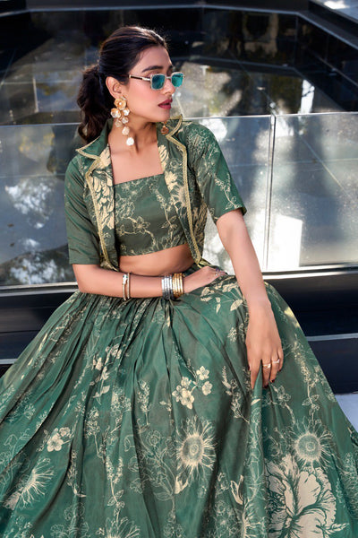 Sage Green Tussar Silk Lehenga Set with Floral Print & Koti