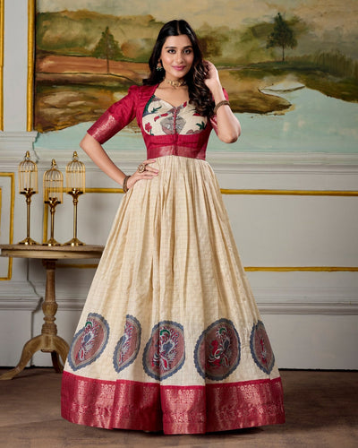 Regal Kalamkari Dola Silk Gown Set – An Epitome of Tradition & Grace ✨🌿