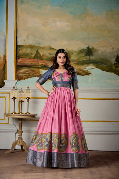 Pink Dola Silk Kalamkari Gown – A Fusion of Heritage & Modern Elegance ✨