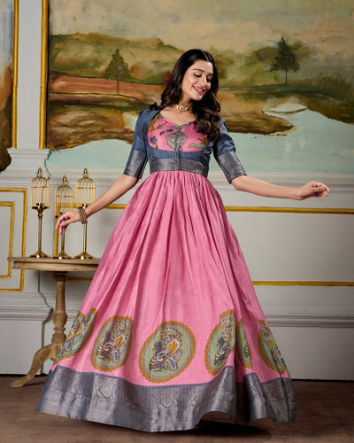 Pink Dola Silk Kalamkari Gown – A Fusion of Heritage & Modern Elegance ✨