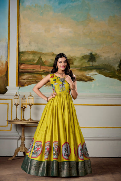 Yellow Dola Silk Kalamkari Gown – A Royal Affair of Elegance & Tradition ✨