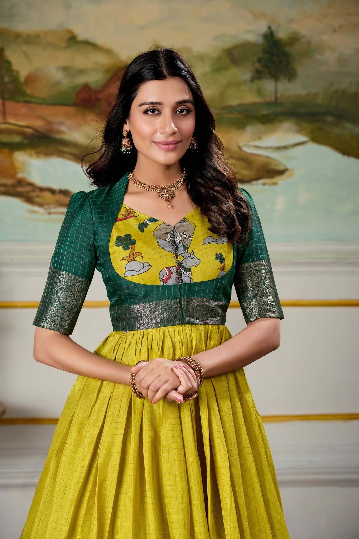 Yellow Dola Silk Kalamkari Gown – A Royal Affair of Elegance & Tradition ✨