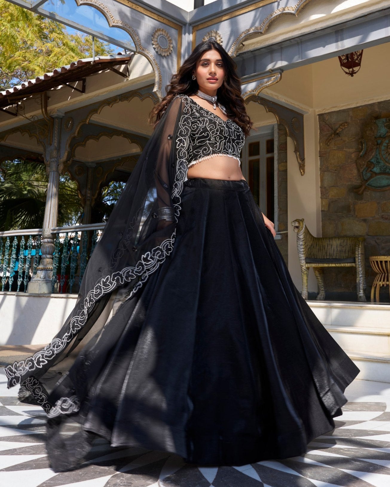 Elegant Black Star Satin Embroidered Lehenga Set 🖤✨