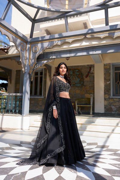 Elegant Black Star Satin Embroidered Lehenga Set 🖤✨