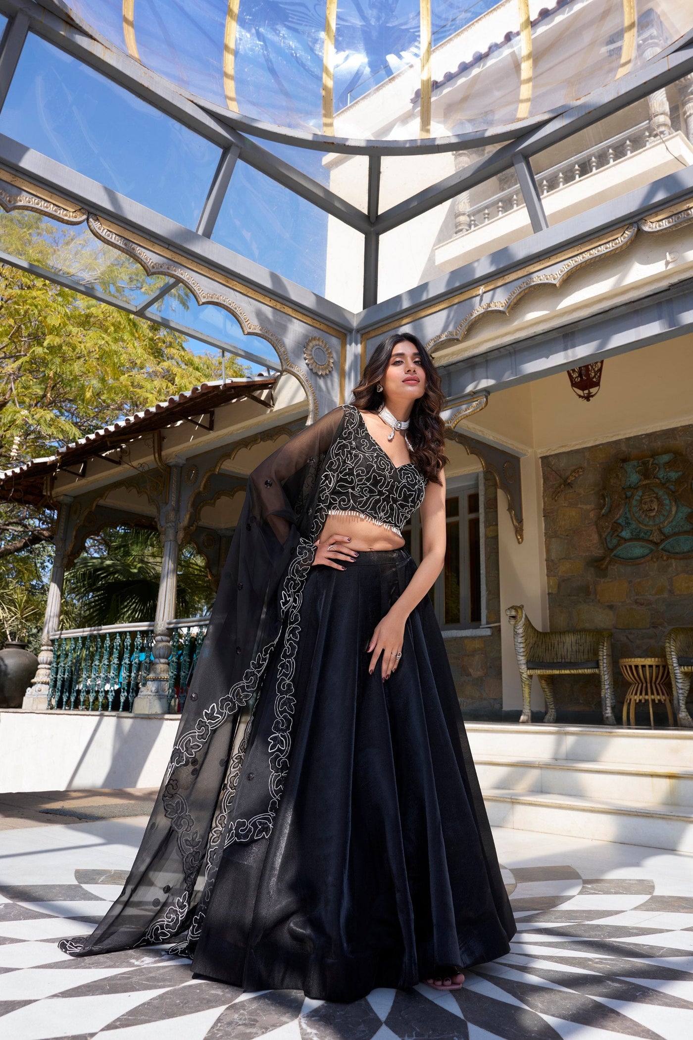 Elegant Black Star Satin Embroidered Lehenga Set 🖤✨