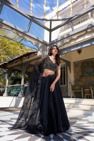 Elegant Black Star Satin Embroidered Lehenga Set 🖤✨
