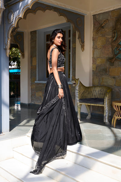 Elegant Black Star Satin Embroidered Lehenga Set 🖤✨