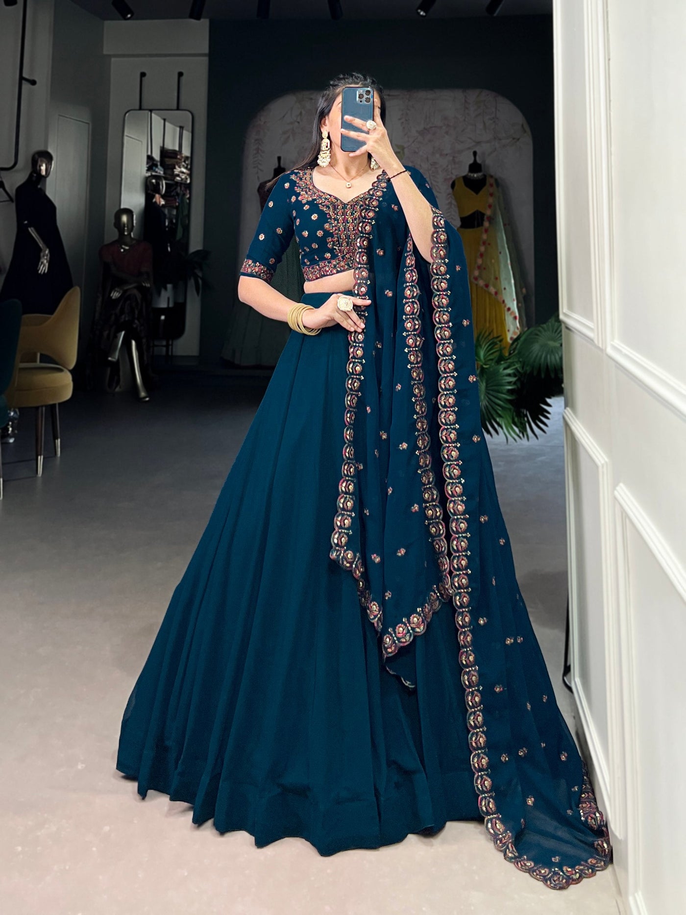 Regal Navy Blue Embroidered Georgette Lehenga Set ✨