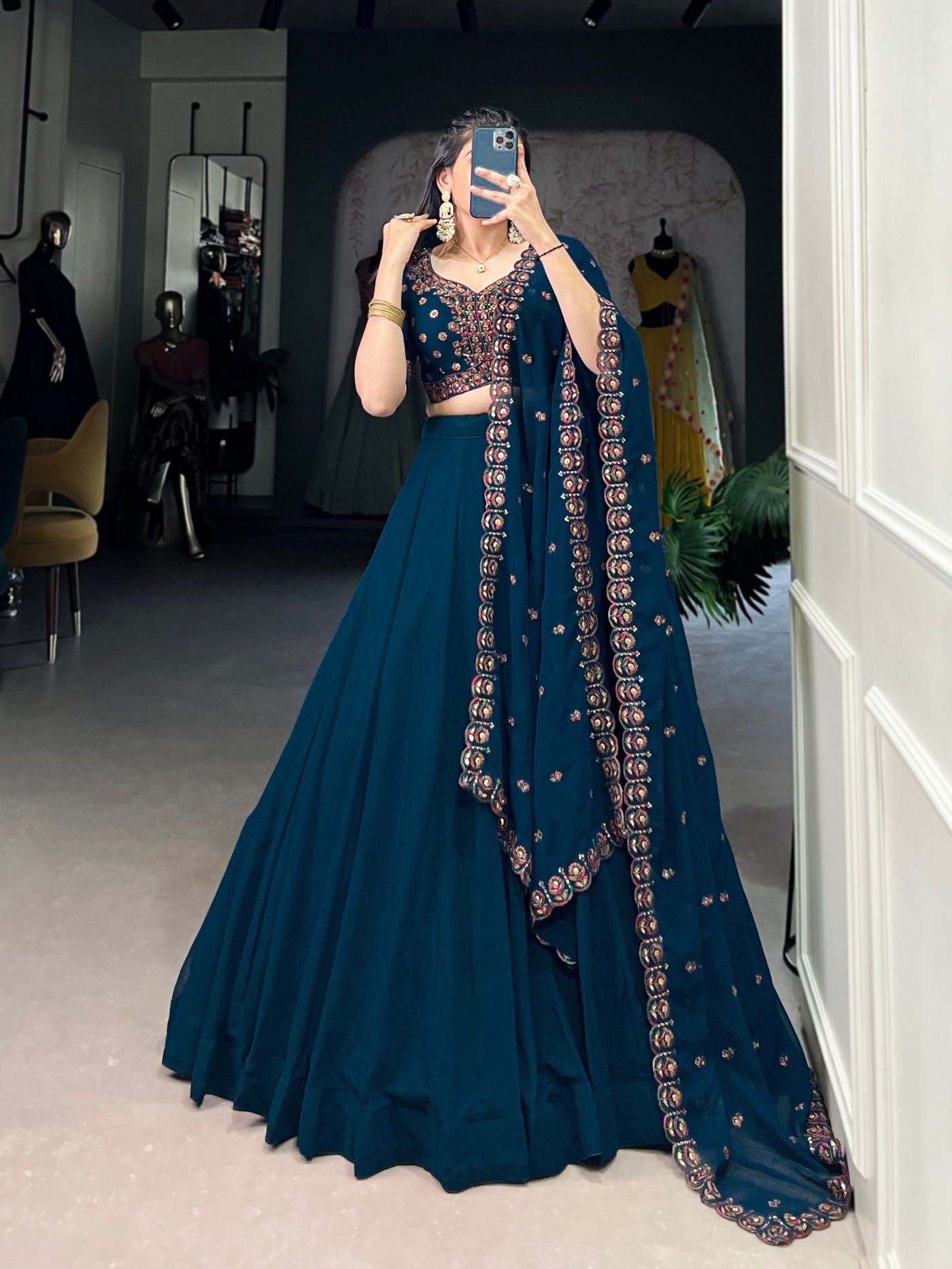 Regal Navy Blue Embroidered Georgette Lehenga Set ✨