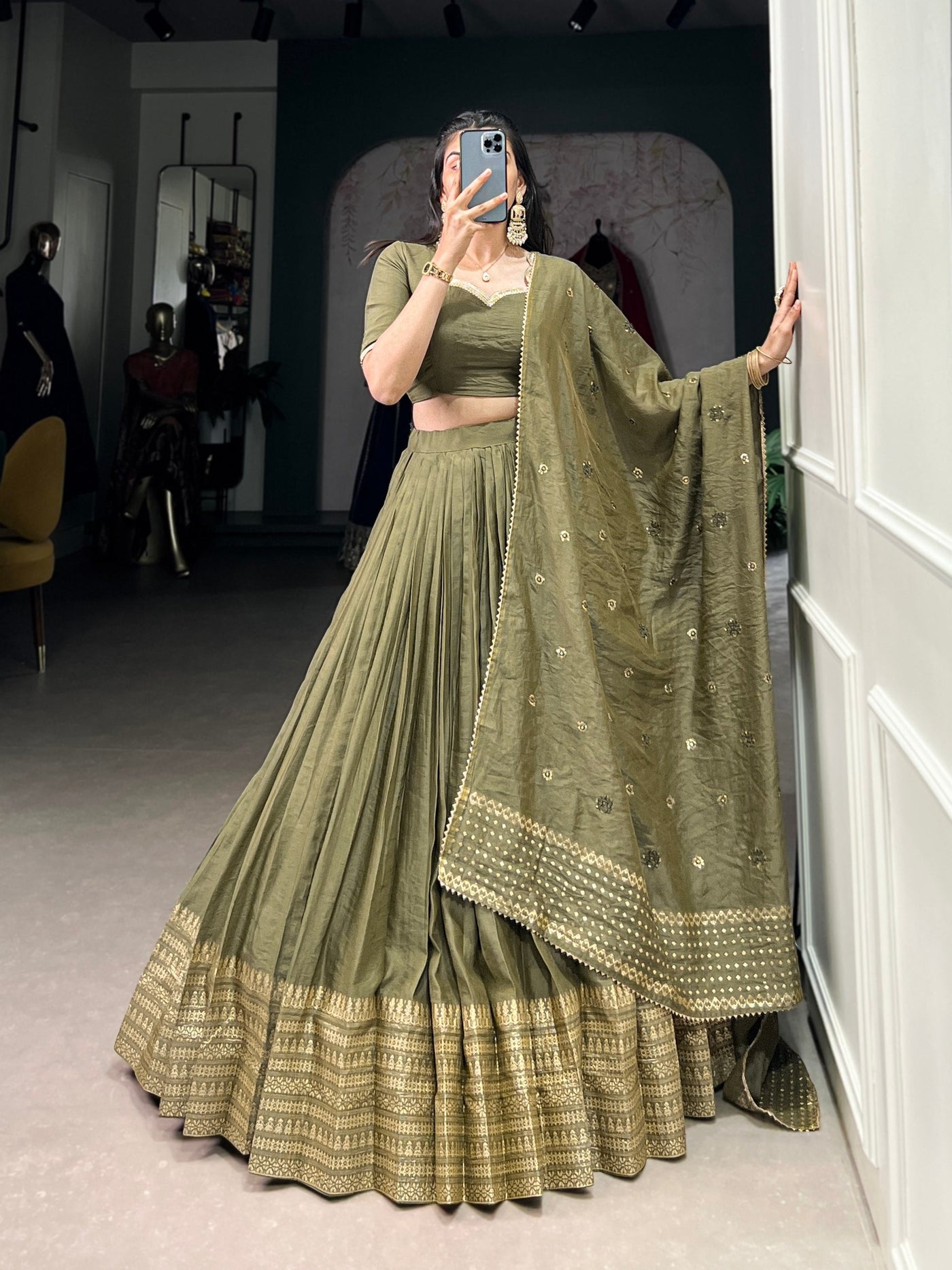 Olive Green Pure Chanderi Zari Weaving Lehenga Set – A Fusion of Elegance & Tradition ✨