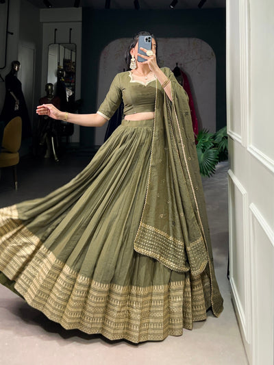 Olive Green Pure Chanderi Zari Weaving Lehenga Set – A Fusion of Elegance & Tradition ✨