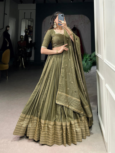Olive Green Pure Chanderi Zari Weaving Lehenga Set – A Fusion of Elegance & Tradition ✨
