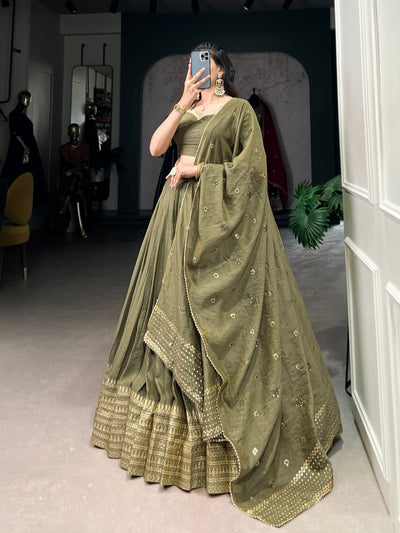 Olive Green Pure Chanderi Zari Weaving Lehenga Set – A Fusion of Elegance & Tradition ✨