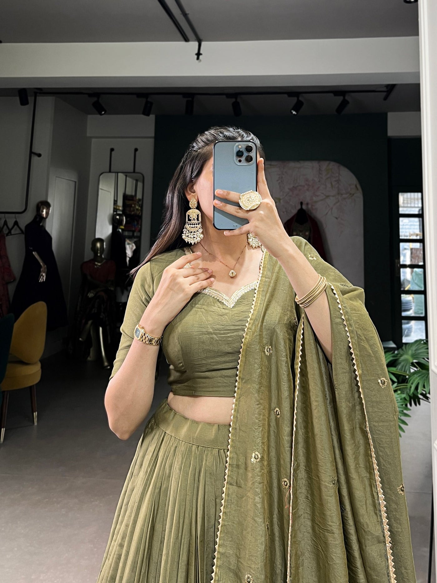 Olive Green Pure Chanderi Zari Weaving Lehenga Set – A Fusion of Elegance & Tradition ✨